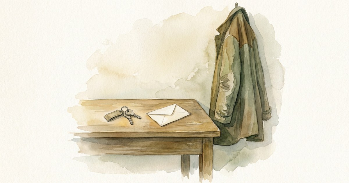 Watercolor illustration of keys and an unopened envelope on a hall table beside a hanging coat