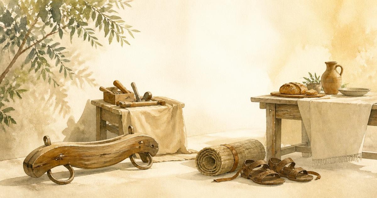 Watercolor of a quiet carpenter workshop with tools set down and a laid table nearby